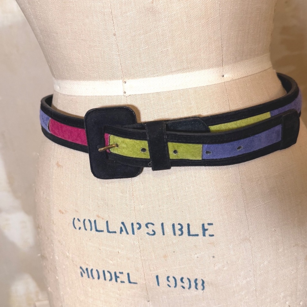 Vintage Express Colorblock Leather Belt Pink Purple Green Suede Large 80s 90s